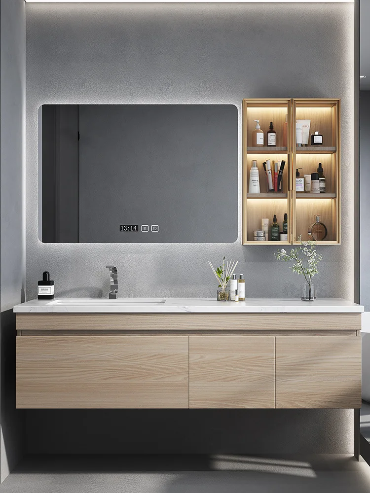 Modern simple bathroom cabinet combination bathroom slate integrated washbasin cabinet log color washstand washbasin cabinet