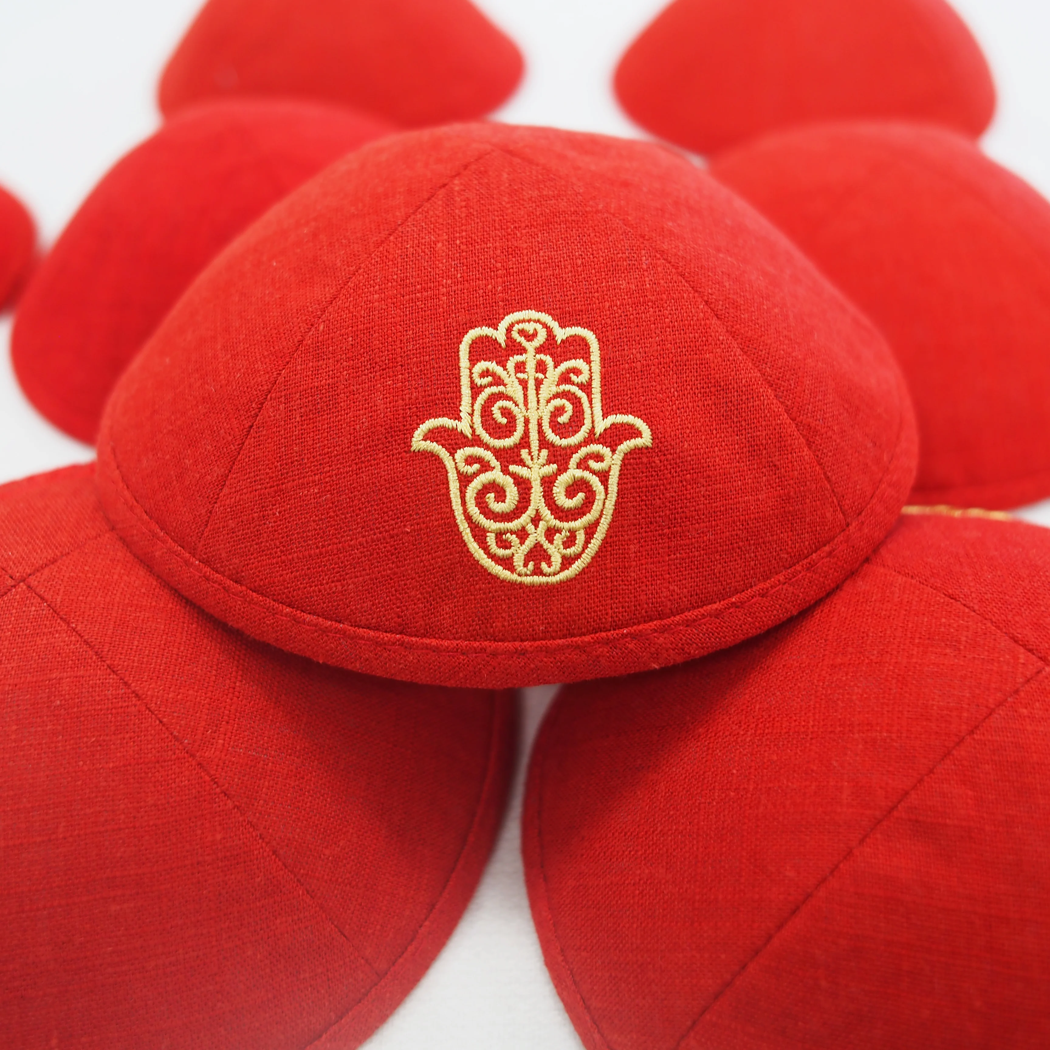 Red custom Hamsa embroidered linen kippah, Jewish Ahava, customizable for weddings, barbat mitzvahs, and Jewish gifts