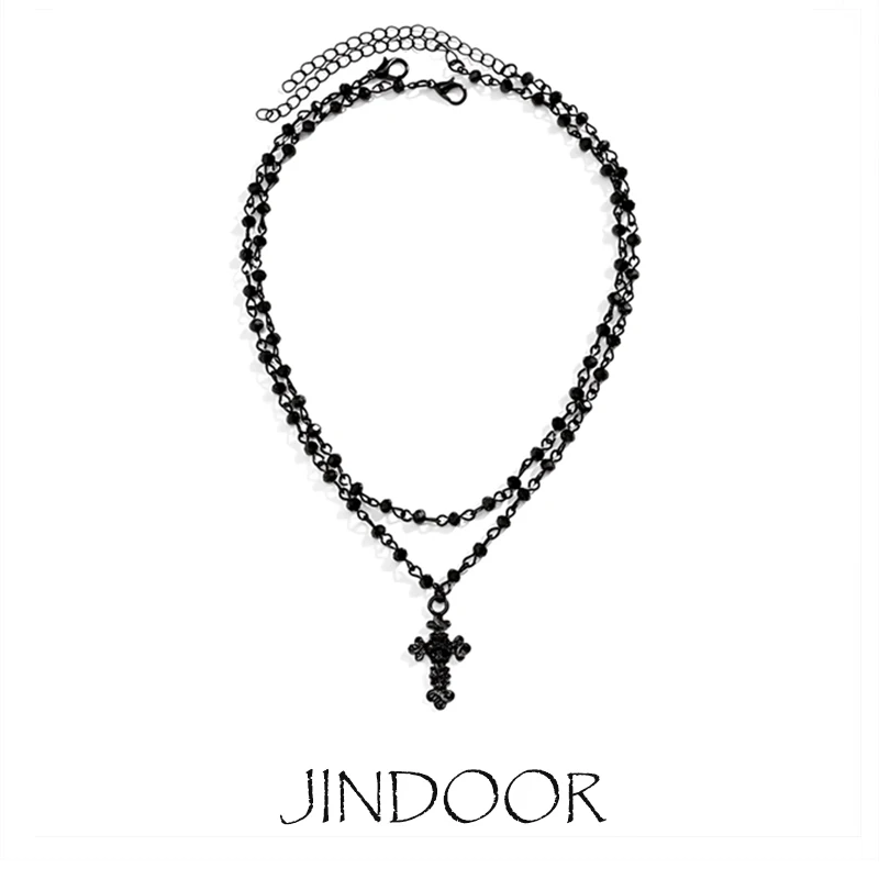 JINDOOR Gothic Bead Cross Necklace, Layered Cross Choker Necklace, Halloween Christmas New Year Goth Jewelry Gift for Women