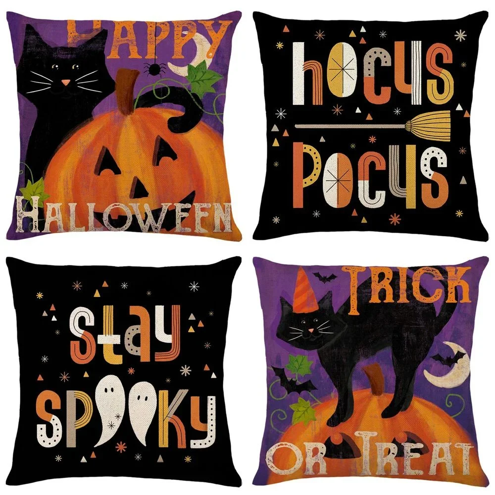 Halloween Decorations Pumpkin Letters Cushion Cover 18x18 Inches Linen Pillowcase Farmhouse Home Decor Pillow Cover for Couch