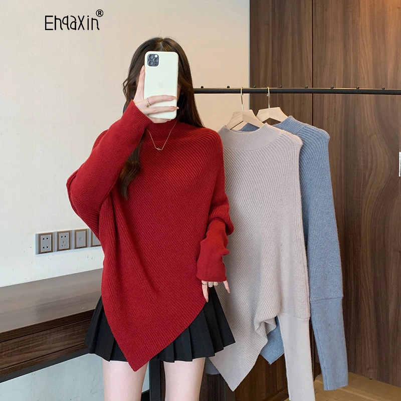 

EHQAXIN 2024 Autumn Winter New Knit Sweaters Fashion Casual Irregular Bat Sweater Cloak Loose Half High Collar Pullover M-3XL