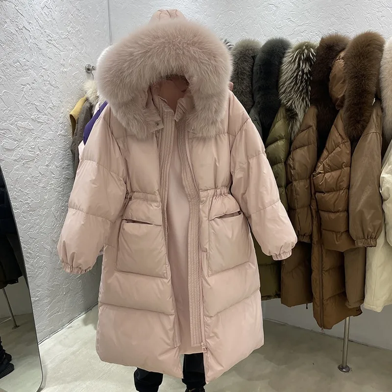 Doudoune longue en duvet de canard blanc pour femme, 2022 duvet de canard blanc, optique féminine, parkas à capuche chaudes, fourrure de raton