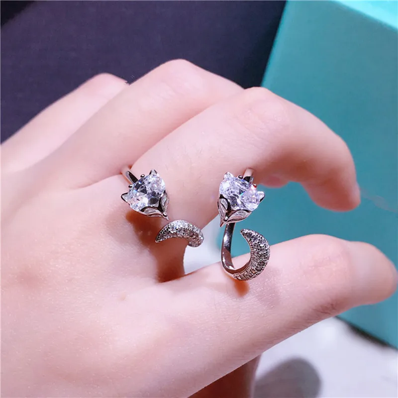 Cute Designer Lovely Fox Sparkling Zircon Decorative All Matching Real 925 Sterling Silver Women Adjustable Ring