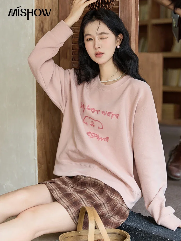 

MISHOW Women's Sweatshirt Pullover 2024 Autumn Korean Embroidered Letter Top Round Neck Casual Drop Sleeve Pullovers MXD46V0107