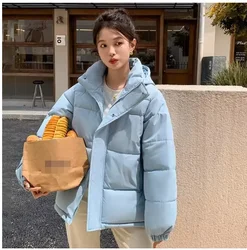 Korean Style Winter New Solid Color Puffer Jacket Women's Casual Hooded Cotton-Padded Coat Jacket Loose-Fit Thickened Warm Cotto