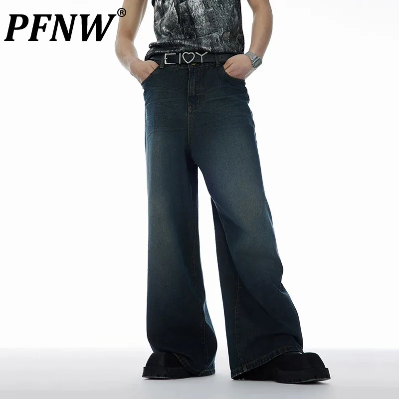 

PFNW High Waist Jeans Men New Three Dimensional Steel Pressed Cat Whisker Washed Loose Male Straight Leg Denim Pants 28W3394