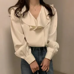 Spring Long Sleeve Women Blouse Office Lady Elegant Ruffled V-neck Shirt Casual Loose Tops Fashion Autumn