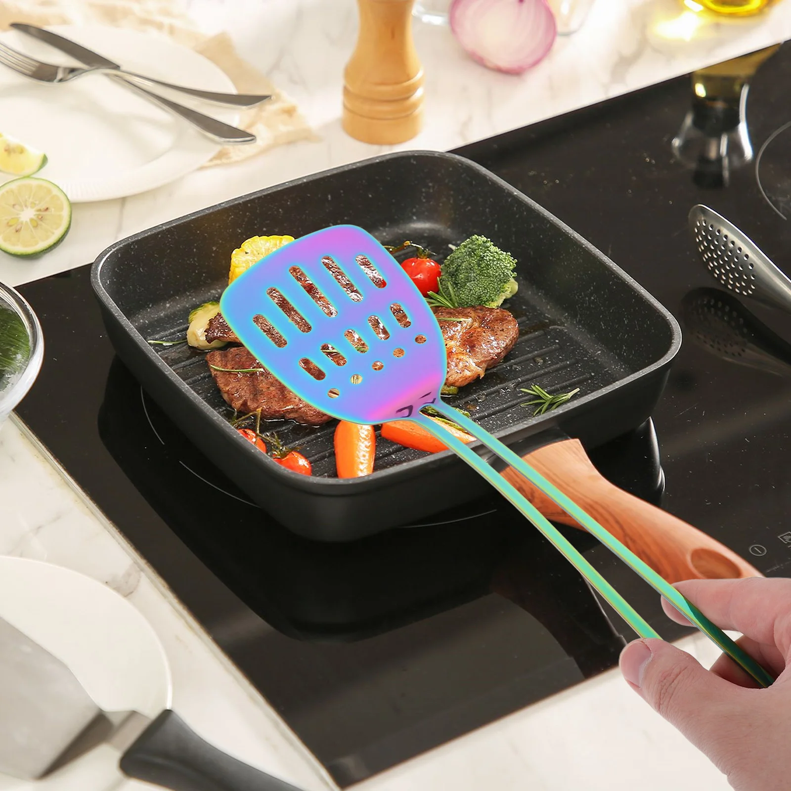

Hollow Handle Stainless Steel Slotted Spatula Big Metal Frying Turner Fish Ladle Buffet Serving Utensil Kitchen Cooking Tool