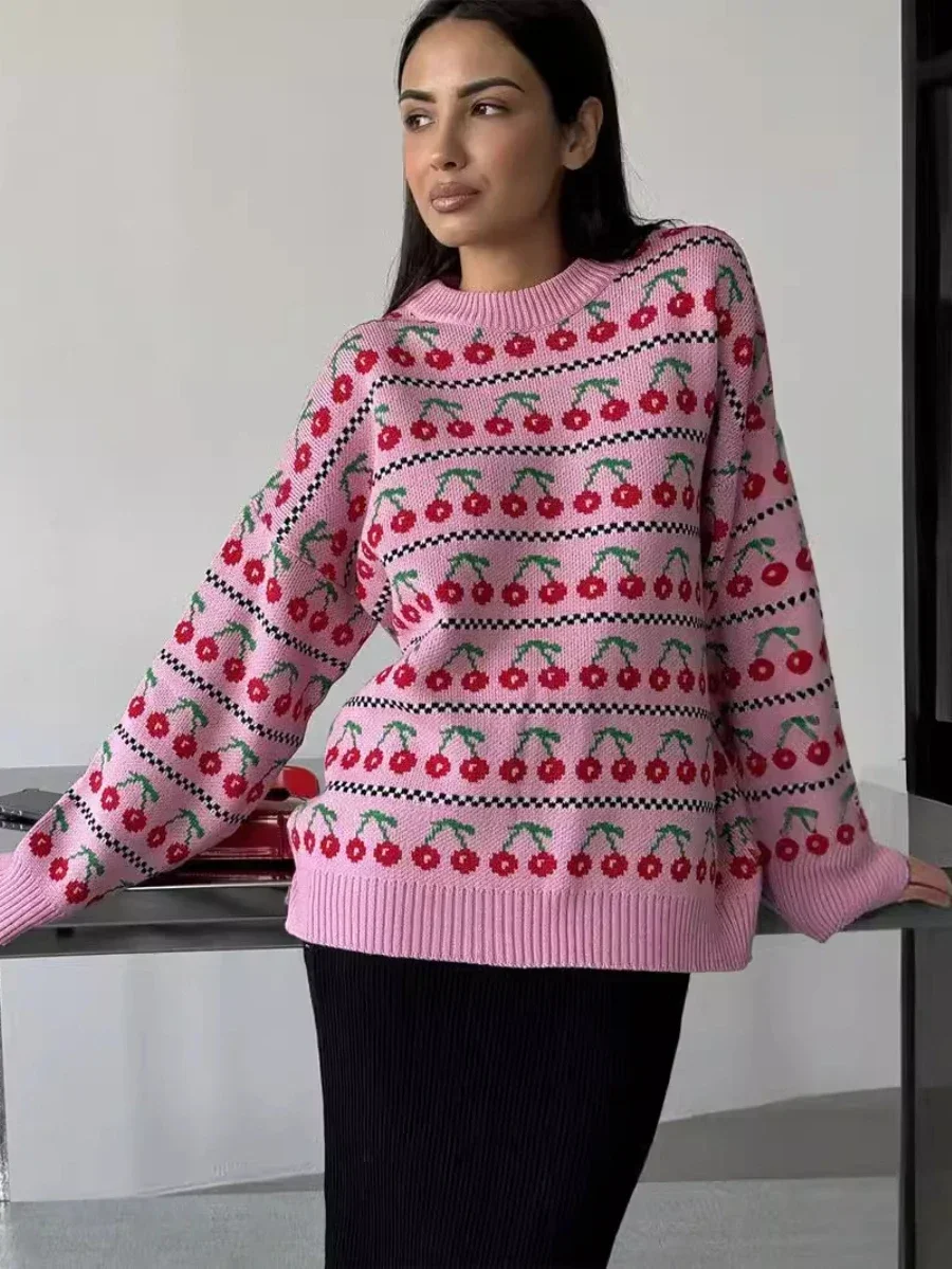 Wolfeel damski sweter z okrągłym dekoltem i nadrukiem wiśni nowy średniej długości modny top Retro sweter z dzianiny luźny sweter jesienno-zimowa