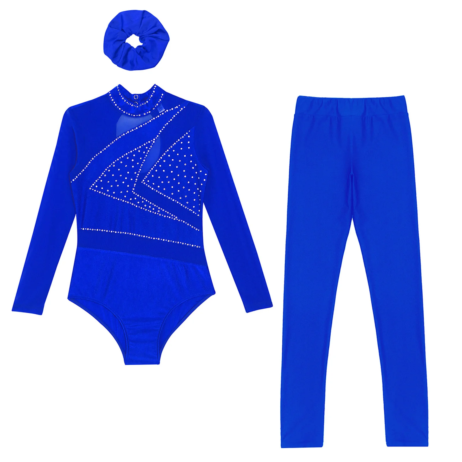 Girls Figure Skating Costumes Ballet Dancewear Gymnastics Leotards Sheer Mesh Long Sleeve Rhinestone Bodysuit Leggings Hairband