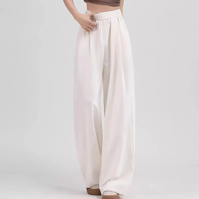 Female Korean Comfortable Solid Daily Pants Girls Fashion Loose High Waist Pants Women Ice Silk Straight Leg Trousers