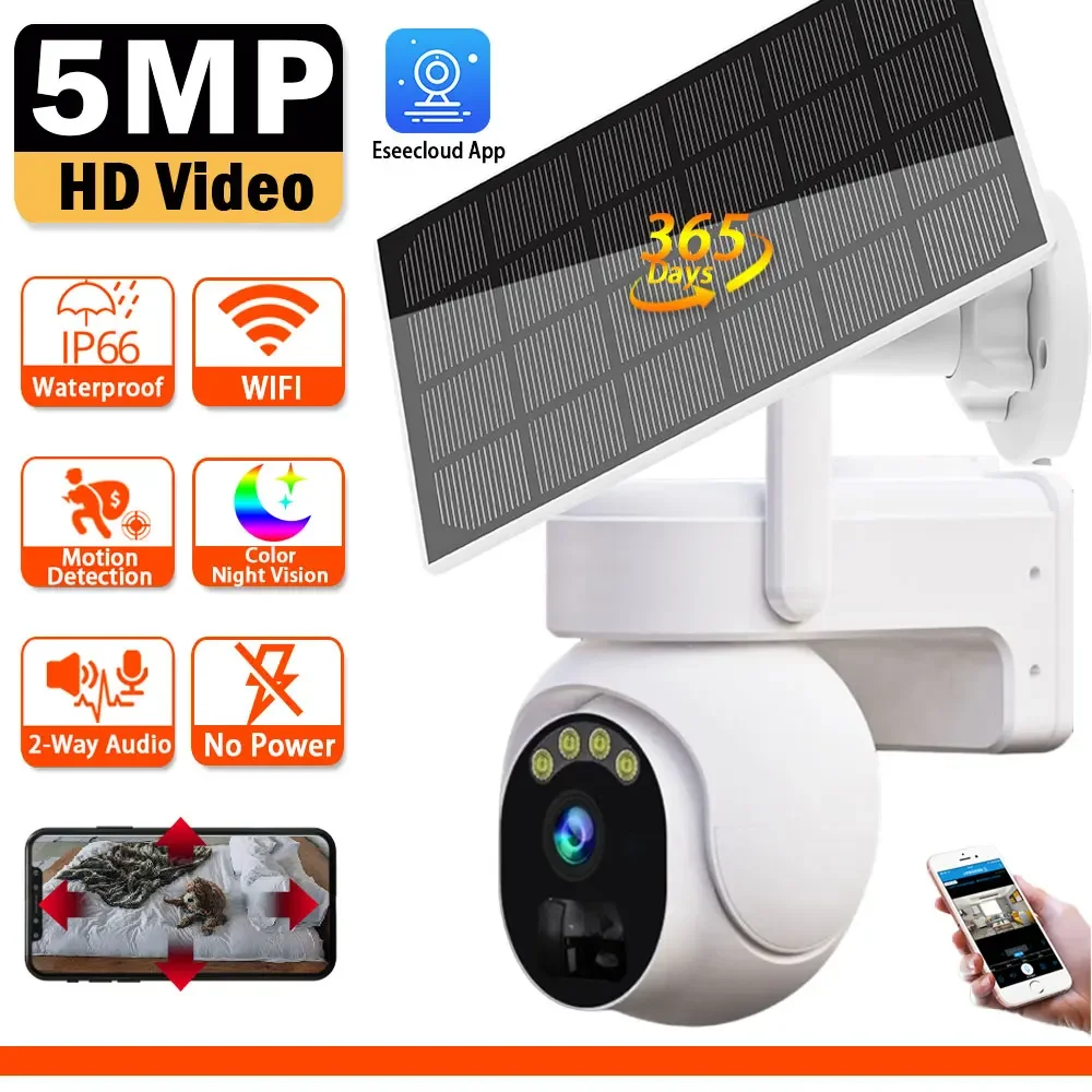 

5MP Solar WIFI Surveillance Camera Outdoor Smart PTZ Battery Wi-Fi Security IP Cameras Home HD Video Wireless CCTV Auto Tracking