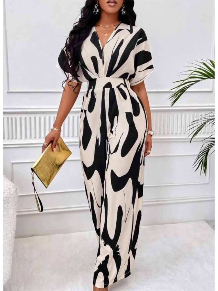 

Summer One Piece Stripe Print Short Sleeve V-neck Women Jumpsuit Elegant High Waist Leg Wide Pants Rompers Vacation Jumpsuits