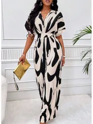 Summer One Piece Stripe Print Short Sleeve V-neck Women Jumpsuit Elegant High Waist Leg Wide Pants Rompers Vacation Jumpsuits