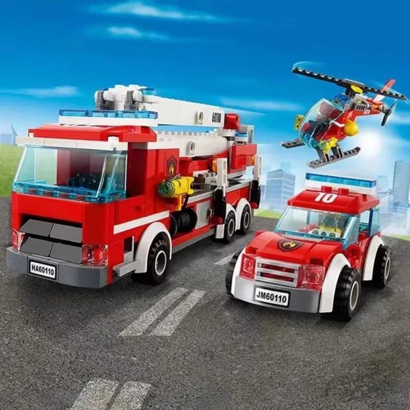 City Fire Station Helicopter Truck Garage Firehouse Building Blocks Set Bricks Compatible 60110 Model Festival Party Gift