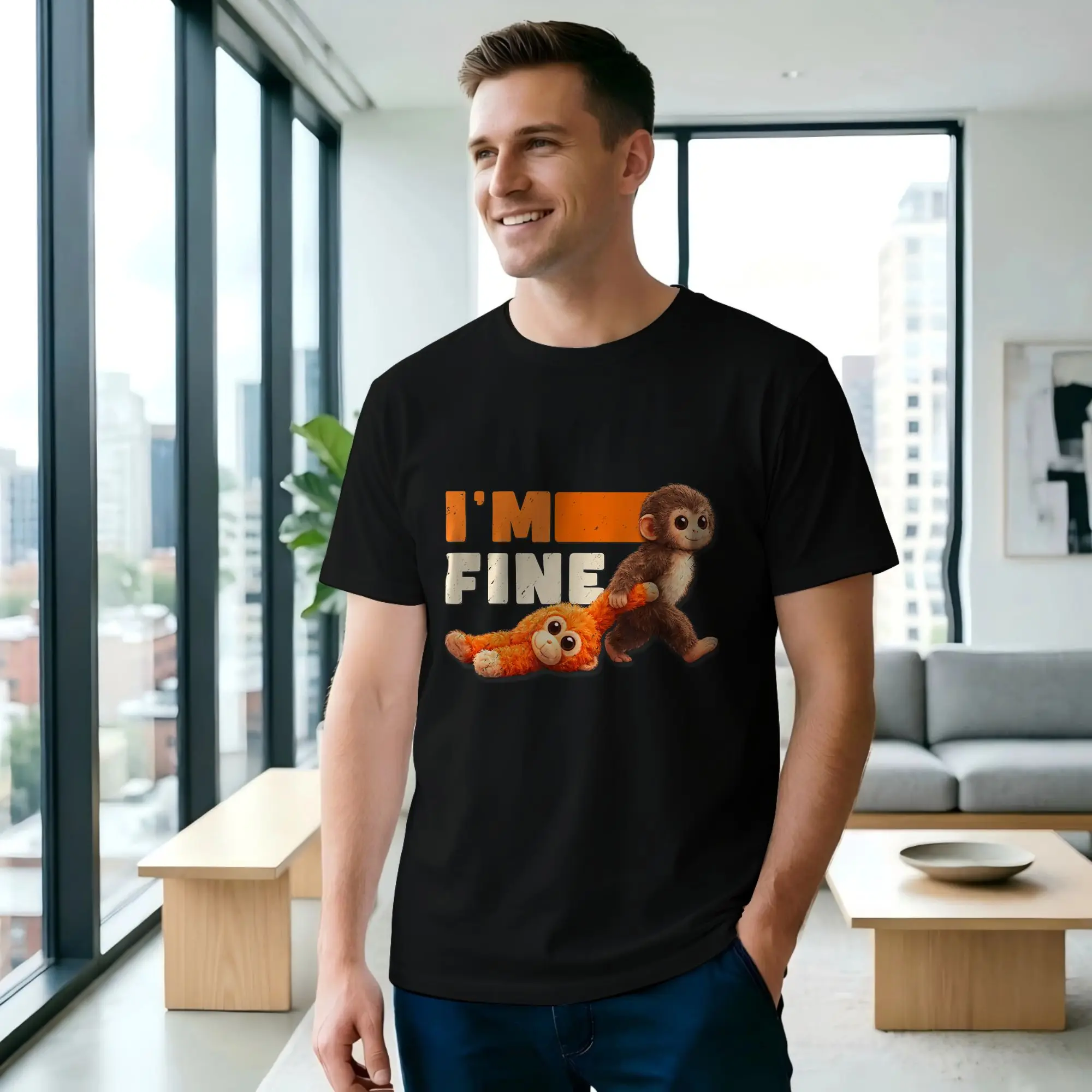 Retro Cute Monkey Punch I'm Fine Men's T Shirt Punch Monkey  Amazing Tee Shirt Short Sleeve Crew Neck Pure Cotton Gift T-Shirt