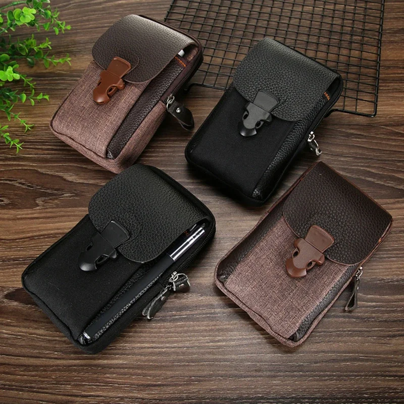 Black Men\'s Mobile Phone Bag Pu Leather Double Zipper Waist Coin Purse Outdoor Male