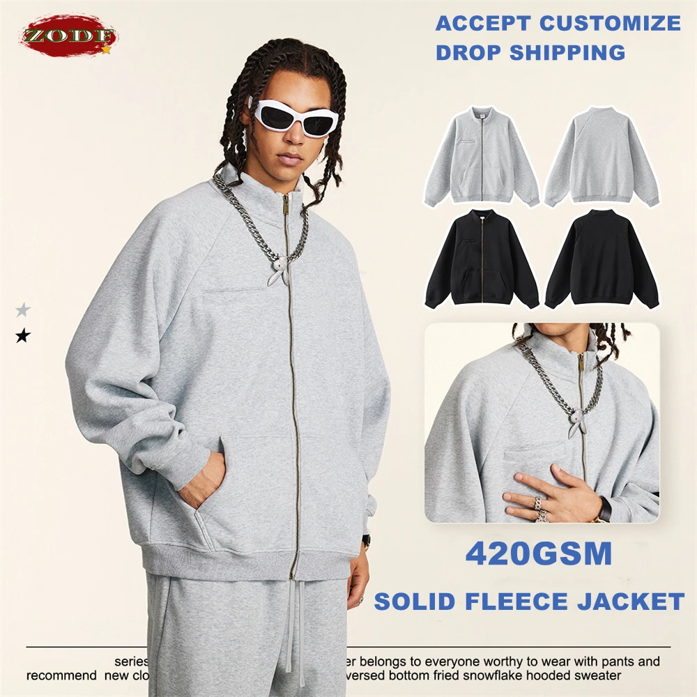 ZODF American Retro 2024 Men Winter Fleece Zipper Jacket Unisex Raglan Sleeve Oversized 420gsm Solid Basic Coats Outwears HY0879