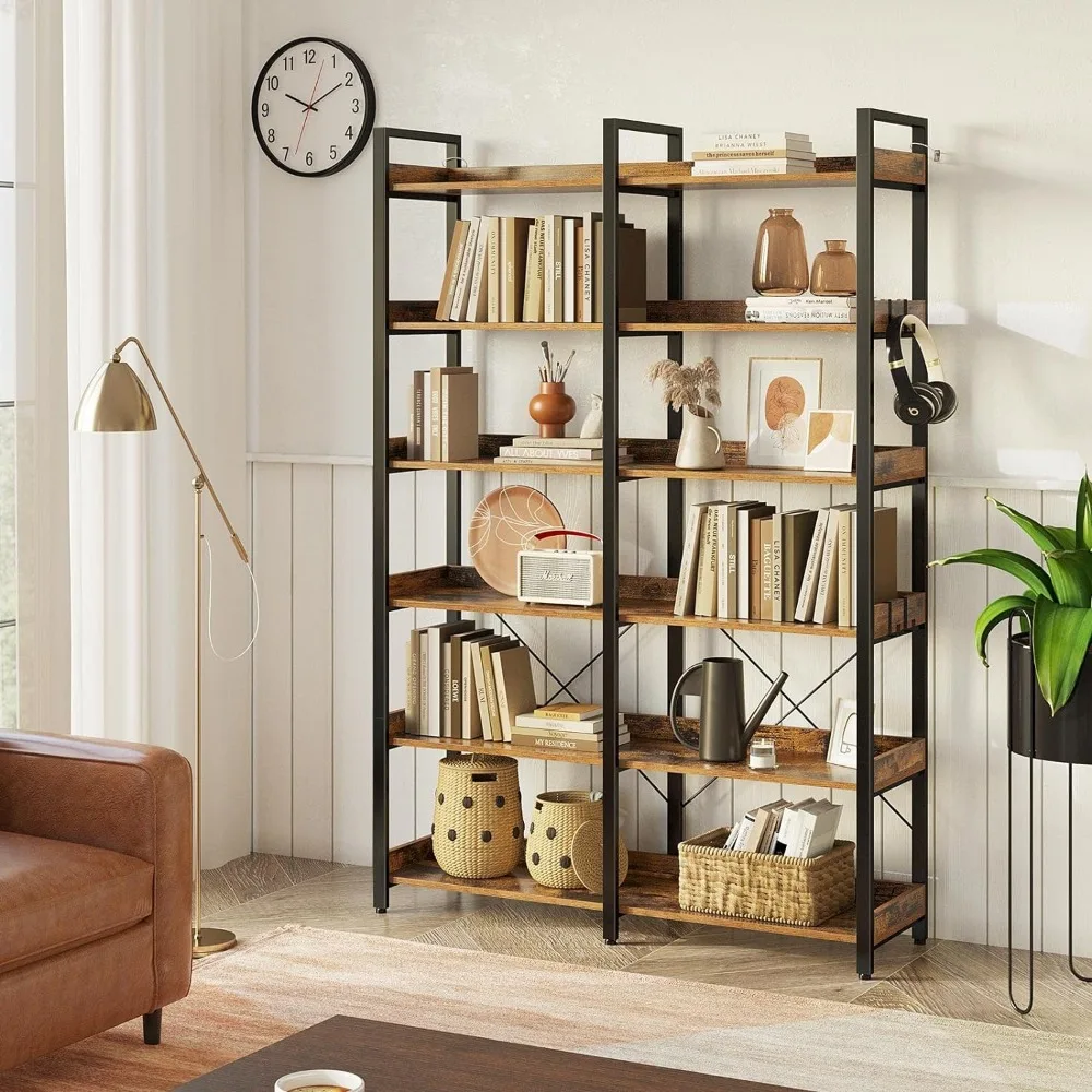 Bookshelf 6 Tier with 4 Hooks, 69” Industrial Wooden Bookcase, Vintage Storage Rack with Open Shelves,