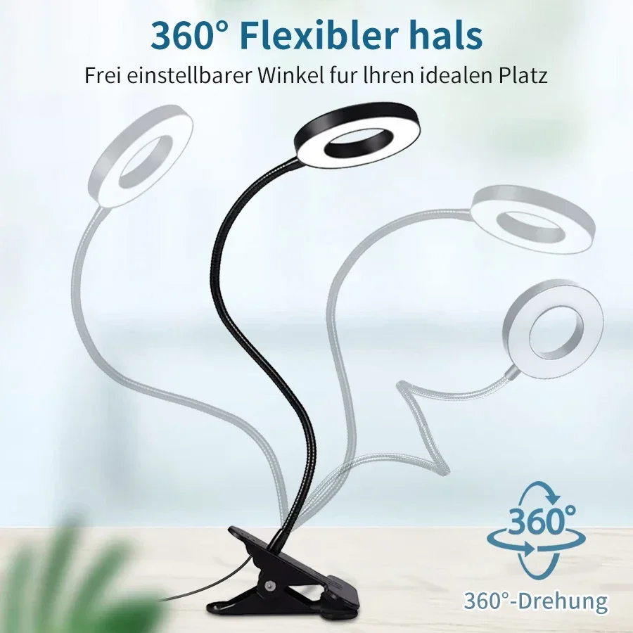 USB Eye Protection Table Lamp, Book Clip Light, 360 ° flexível, ajustável, 3 temperaturas de cor, Gooseneck Reading Light, 48 LEDs