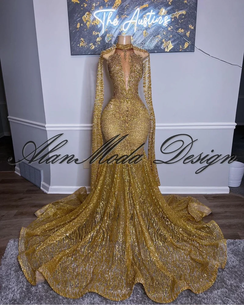 Sparkly Gold Mermaid Prom Dress with Cape Cloak Crystal Beaded Sequins Glitter Mesh Red Carpet Party Gown For Women