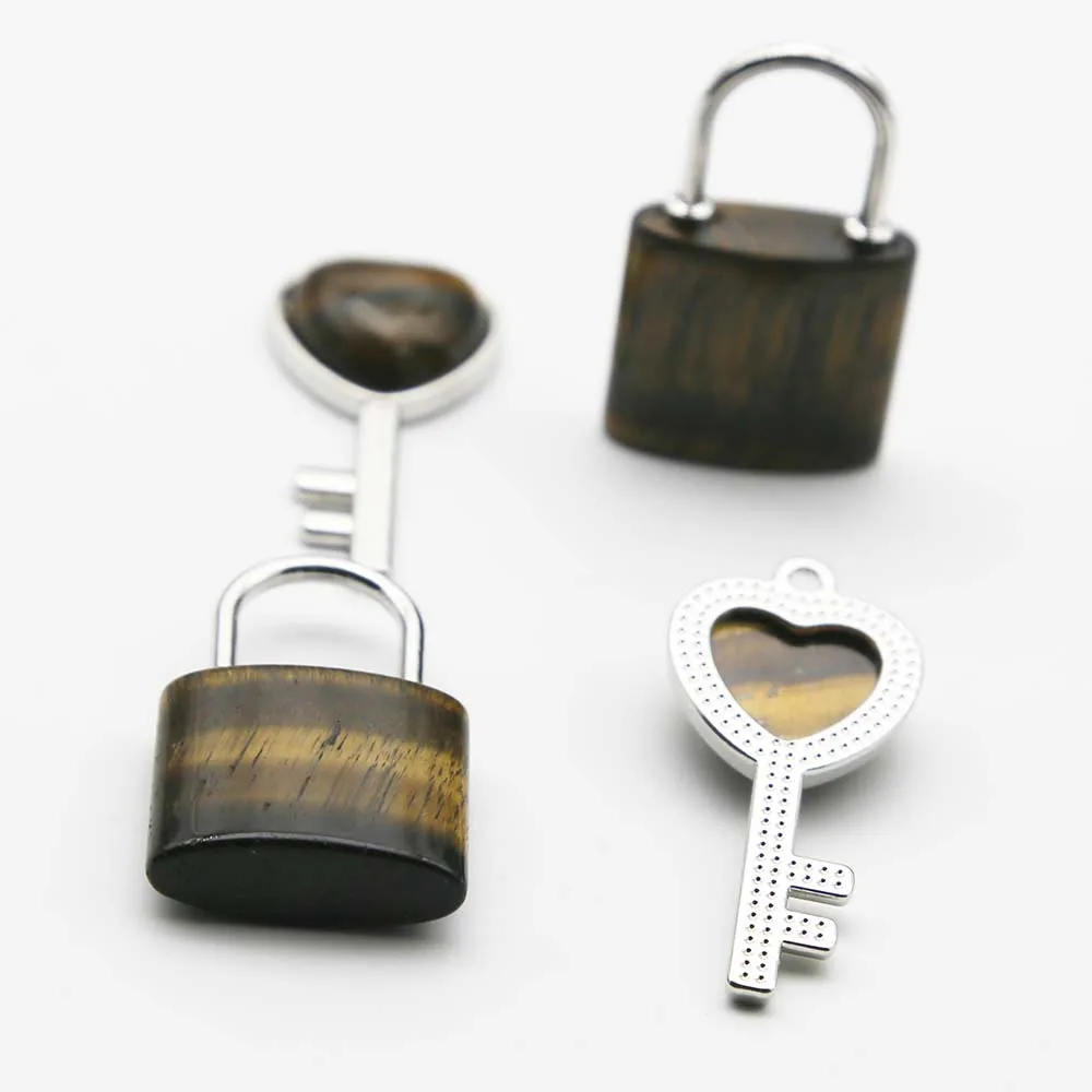 Quality Natural Stone Crystal Heart Silver Key Couple Lock Set Pendants Charms Fashion Jewelry Gift Accessories Wholesale 6Setof