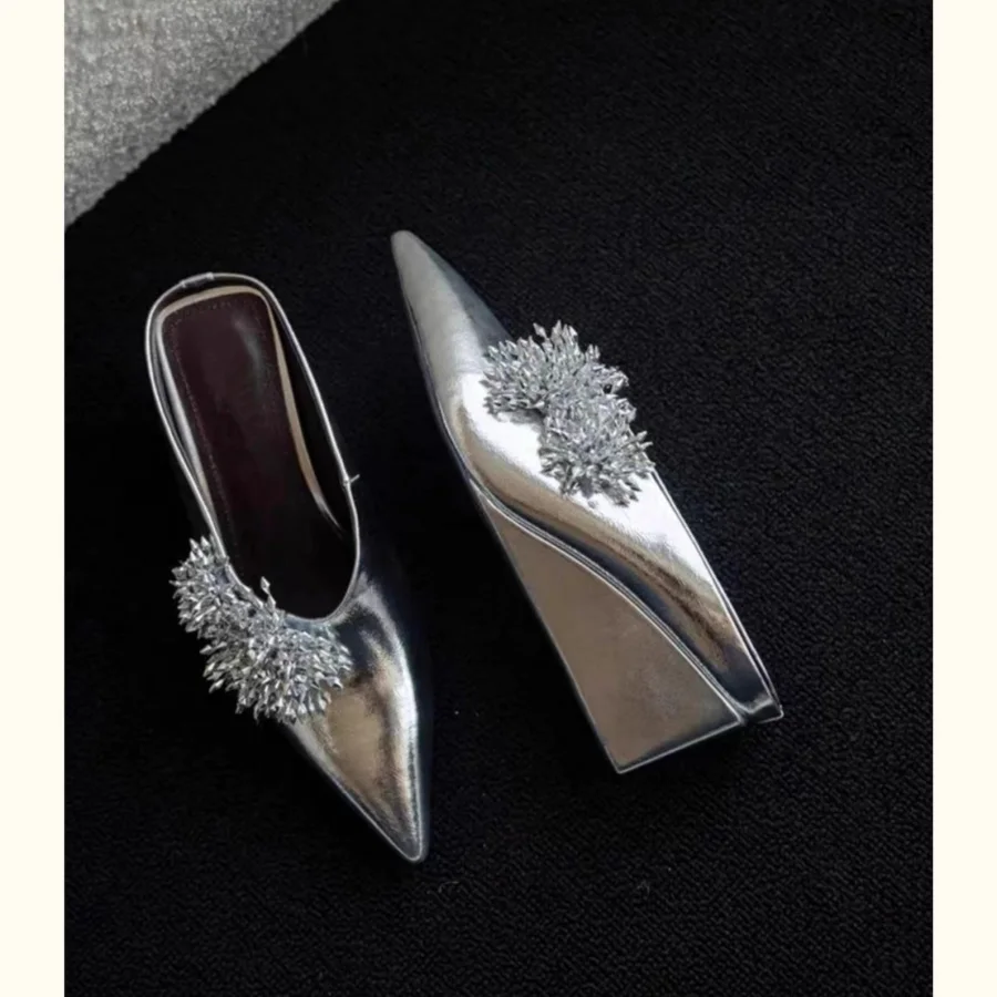 women-silver-pointed-toe-wedge-mules-slippers-sparkling-rhinestone-decor-black-satin-slip-on-slides-elegant-outdoor-dress-shoes