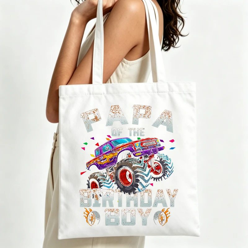 Dad's monster truck letter print canvas tote bag, casual style for birthday celebrations and daily use