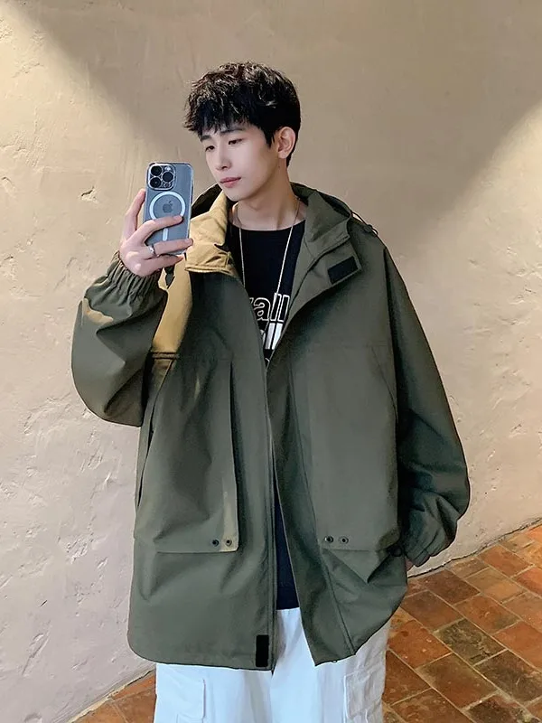 

Мужская ветрозащитная куртка для активного отдыха, осенняя новинка, свободный крой, в стиле ретро, рабочая одежда, с капюшоном, повседневная, модная, из полиэфирного волокна