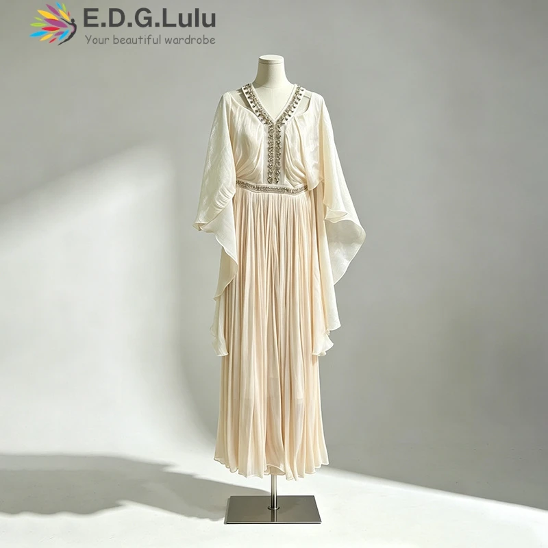EDGLuLu 2026 Summer New Lotus Leaf Sleeve Loose Long Dress Woman V-Neck Diamond Inlay Splicing Red Pleated Resses 0629