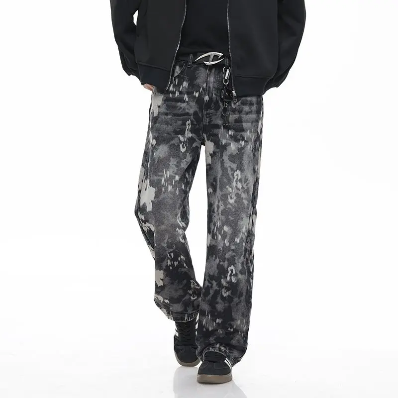 

Loose Straight Leg Men's Jeans Dyed Waed Spring Autumn Faion Trendy Tie Dye Blue Jeans Casual Pants for Young Men