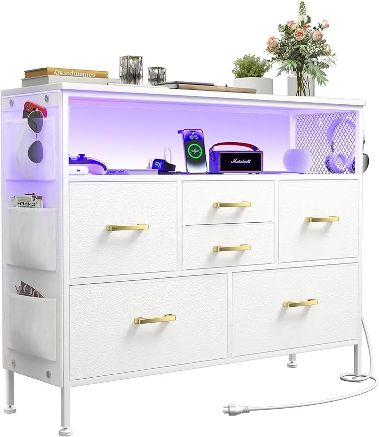 YILQQPER Dresser for Bedroom TV Stand with Power Outlets and LED Light, 6 Drawers Dresser with Side Pockets & Hooks, Wide Dress