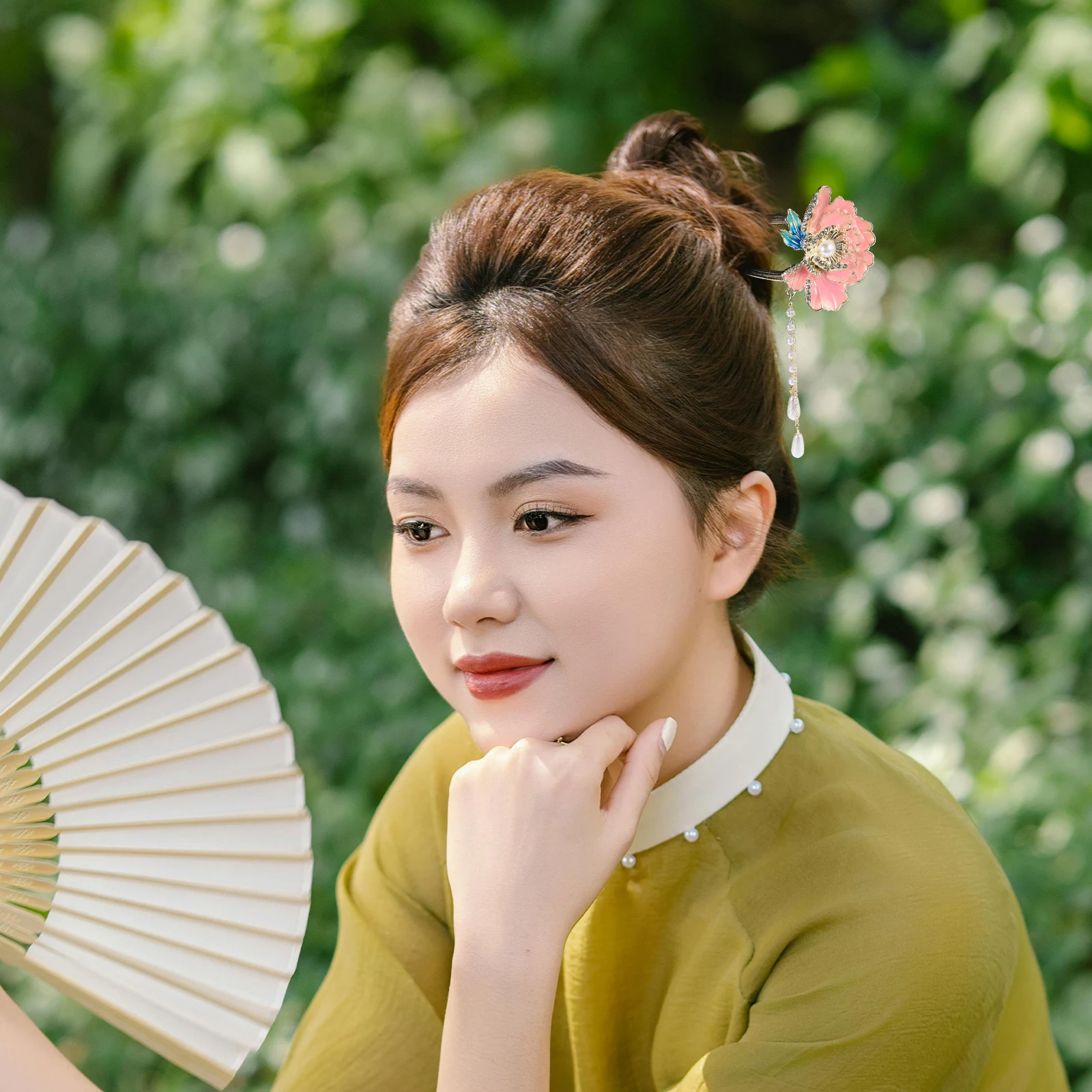 

U-Shaped Chinese Style Hairpin Enamel Peony Flower Elegant Traditional Hair Decoration Handmade Accessory for Women