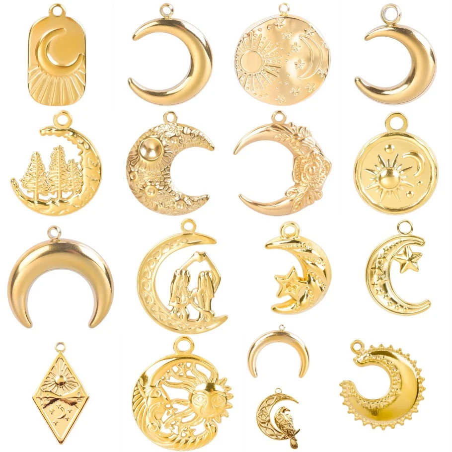 10Pcs French Moon Sun Pendant Real Gold Plated Stainless Steel Charms For Jewelry Making Women Men Necklace Keychain Findings