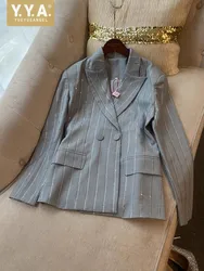 Autumn New Women Shiny Diamonds Striped Blazer Jacket Office Ladies Double Breasted Work Suit Coat Fashion Casual Blazer Tops