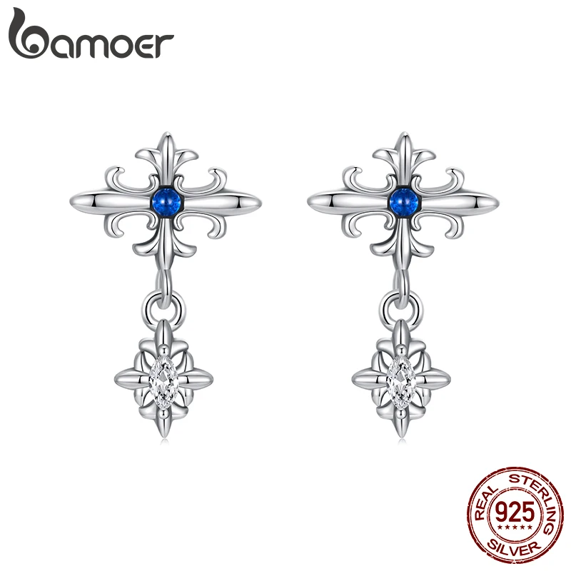 BAMOER Authentic 925 Sterling Silver Iris Flower Stud Earrings, Elegant Flower Earrings Shiny Spinel Wedding Engagement Jewelry