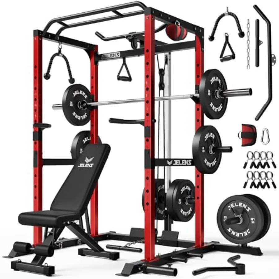

Home gym power cage with steel construction, black finish, 2000LBS capacity and adjustable cable crossover system for versatile