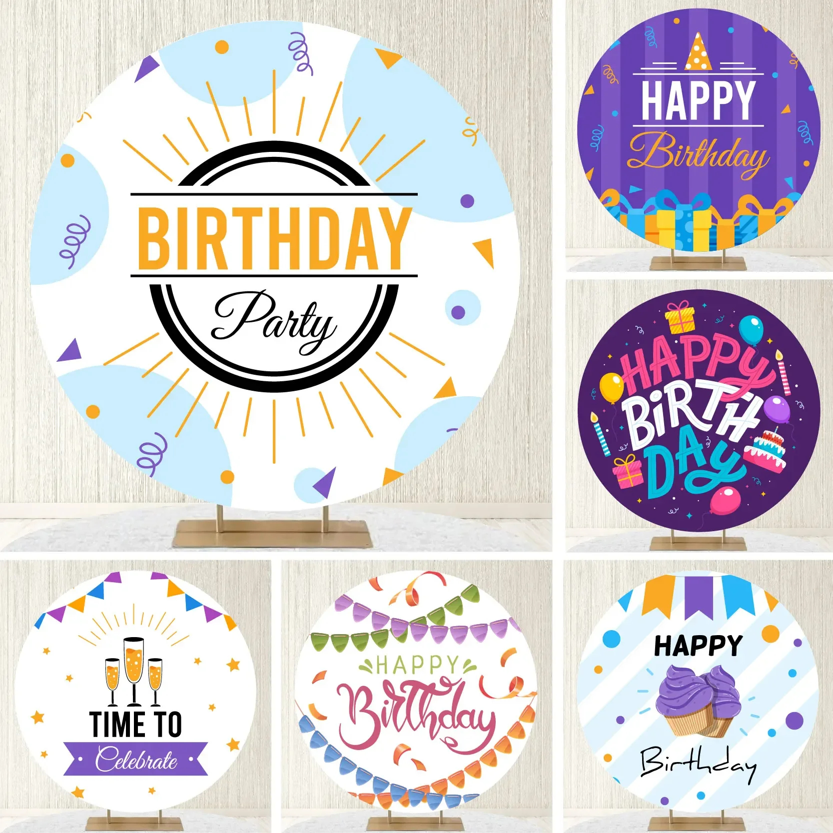 Birthday Party Decor Round Backdrop Cover Happy Birthday Design Celebration Party Photography Background Supplies Elastic Fabric