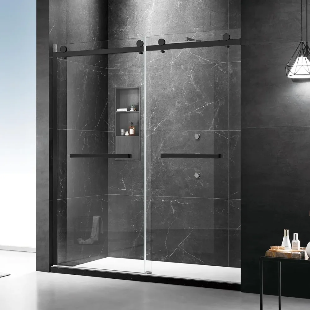 

Double Sliding Shower Door, 54 in.W x 74 in.H Framed Shower Door, 18 inch Pull Handle, Stainless Steel Hardware, Matte Black