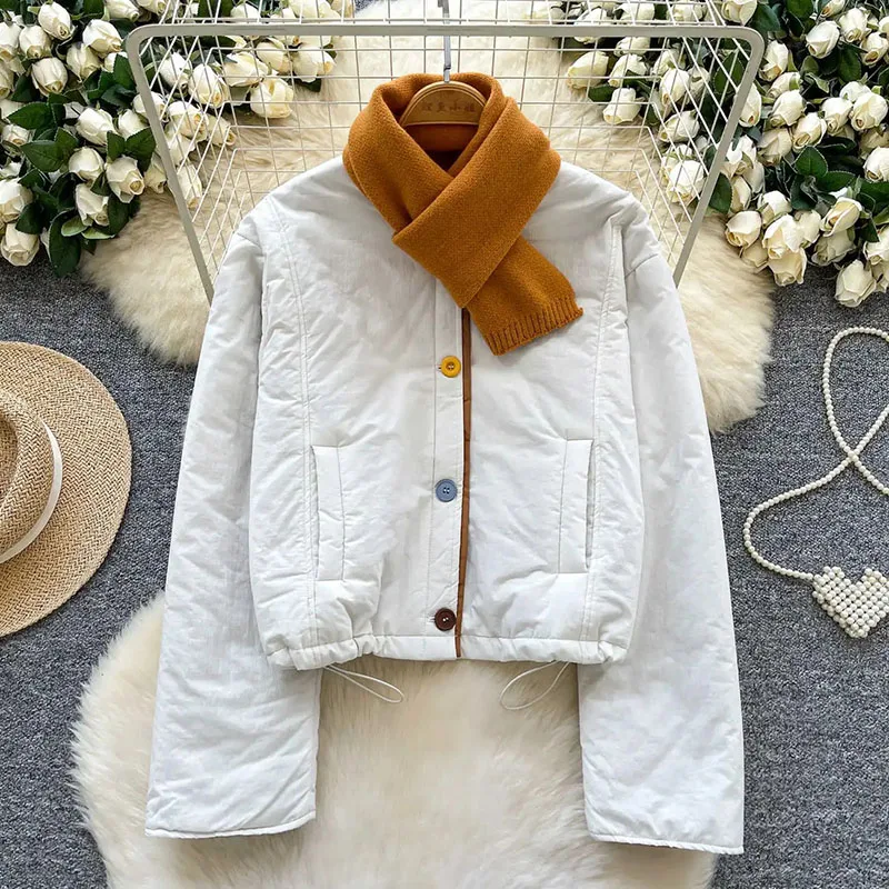 Conjuntos de 2 piezas de estilo coreano para invierno, abrigo de manga larga con cordón y bolsillo + bufanda de punto suave, abrigo acolchado de algodón cálido para mujer