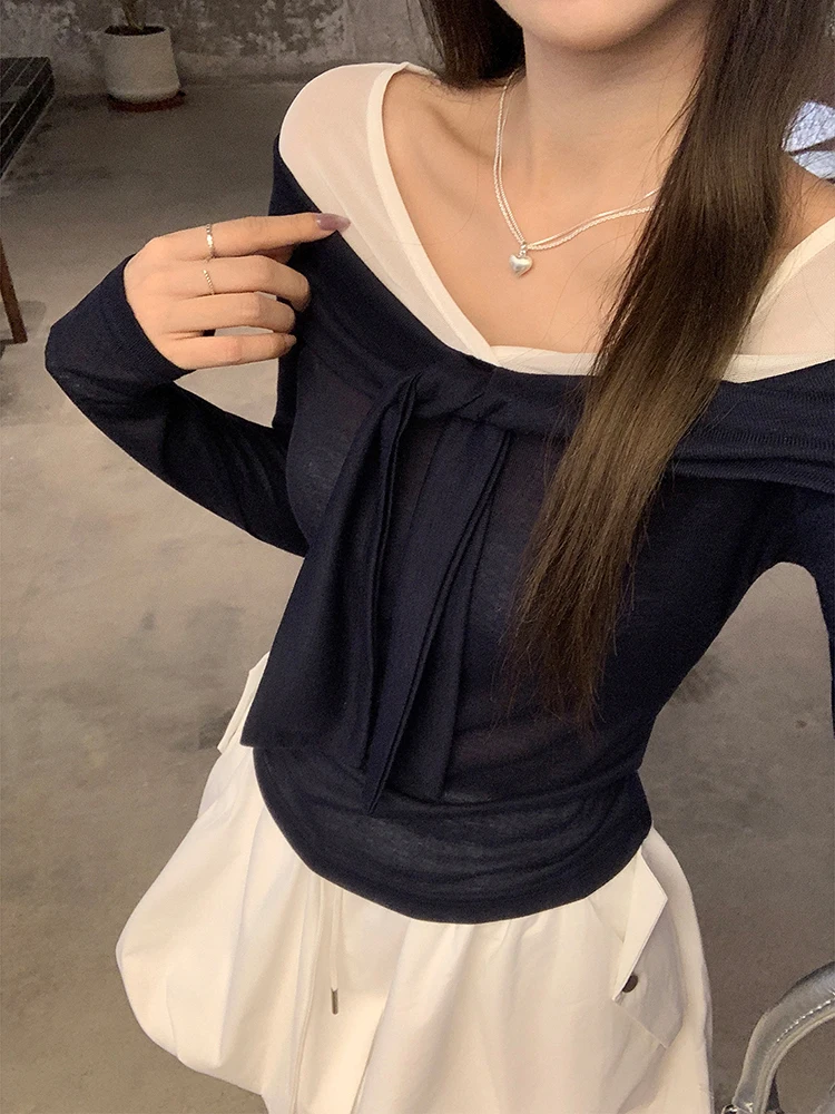 Süße Preppy Slim Fit T Shirt Frauen Langarm Verband Off Schulter Casual Sexy Tees Mesh Gefälschte Zwei Stück Patchwork Hottie Tops