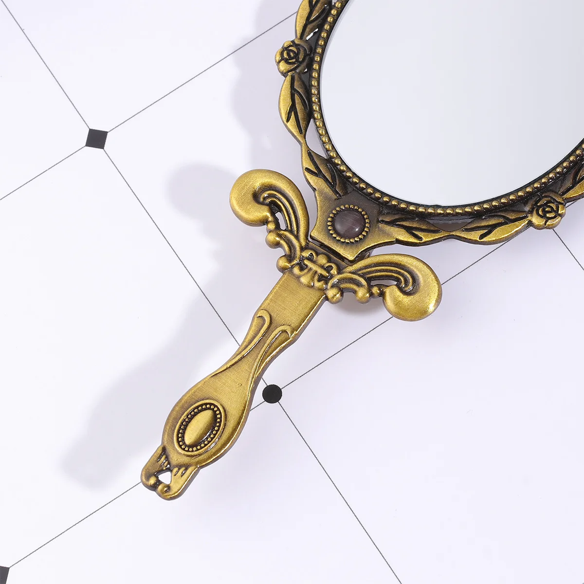 Vintage faltbarer Taschen-Make-up-Spiegel mit kleinem Griff, Bronze, ovaler Stil, kompakter, leichter, tragbarer Spiegel für Frauen auf Reisen