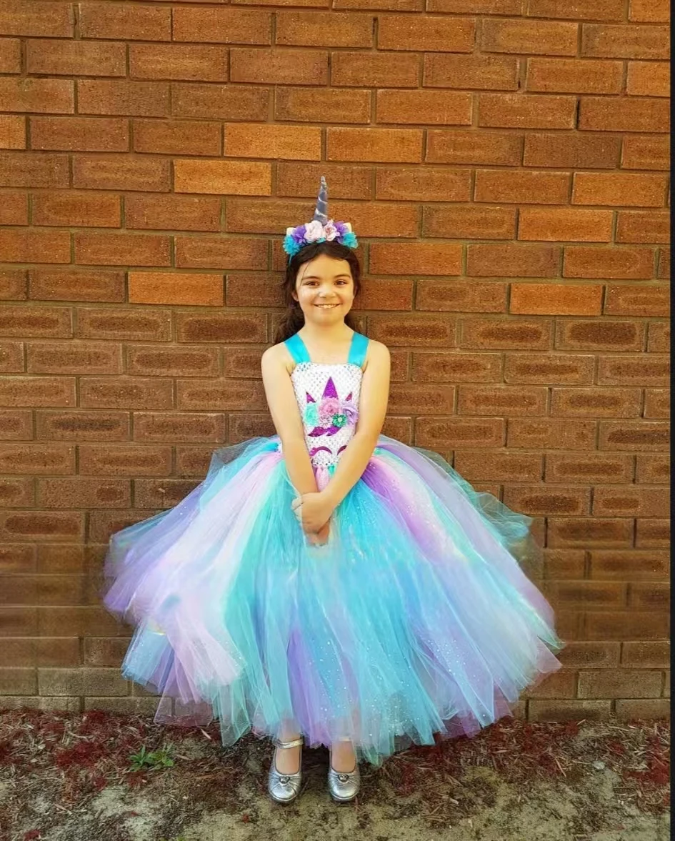 Girls Pastel Unicorn Flower Tutu Dress Kids Crochet Tulle Strap Dress Ball Gown with Daisy Ribbons Children Party Costume Dress