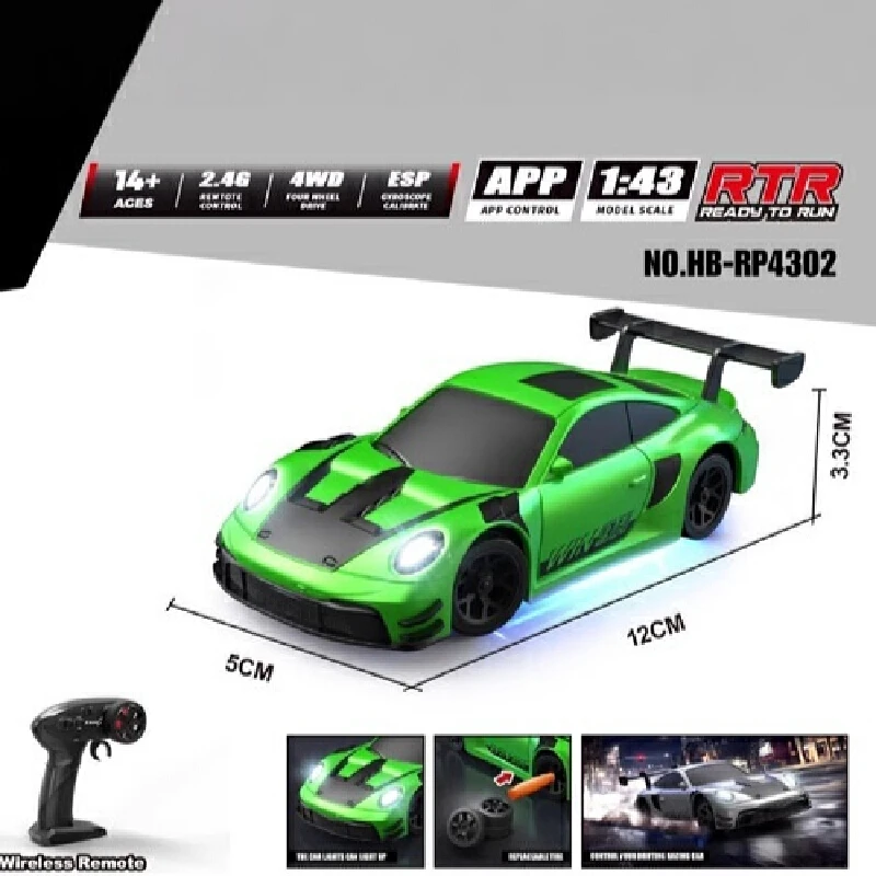 

HB Toys RC Drift Car 1:43 Scale 4WD High Speed Mini Desktop With 2.4G Remote APP Control LED Lights Replaceable Tires For 14+