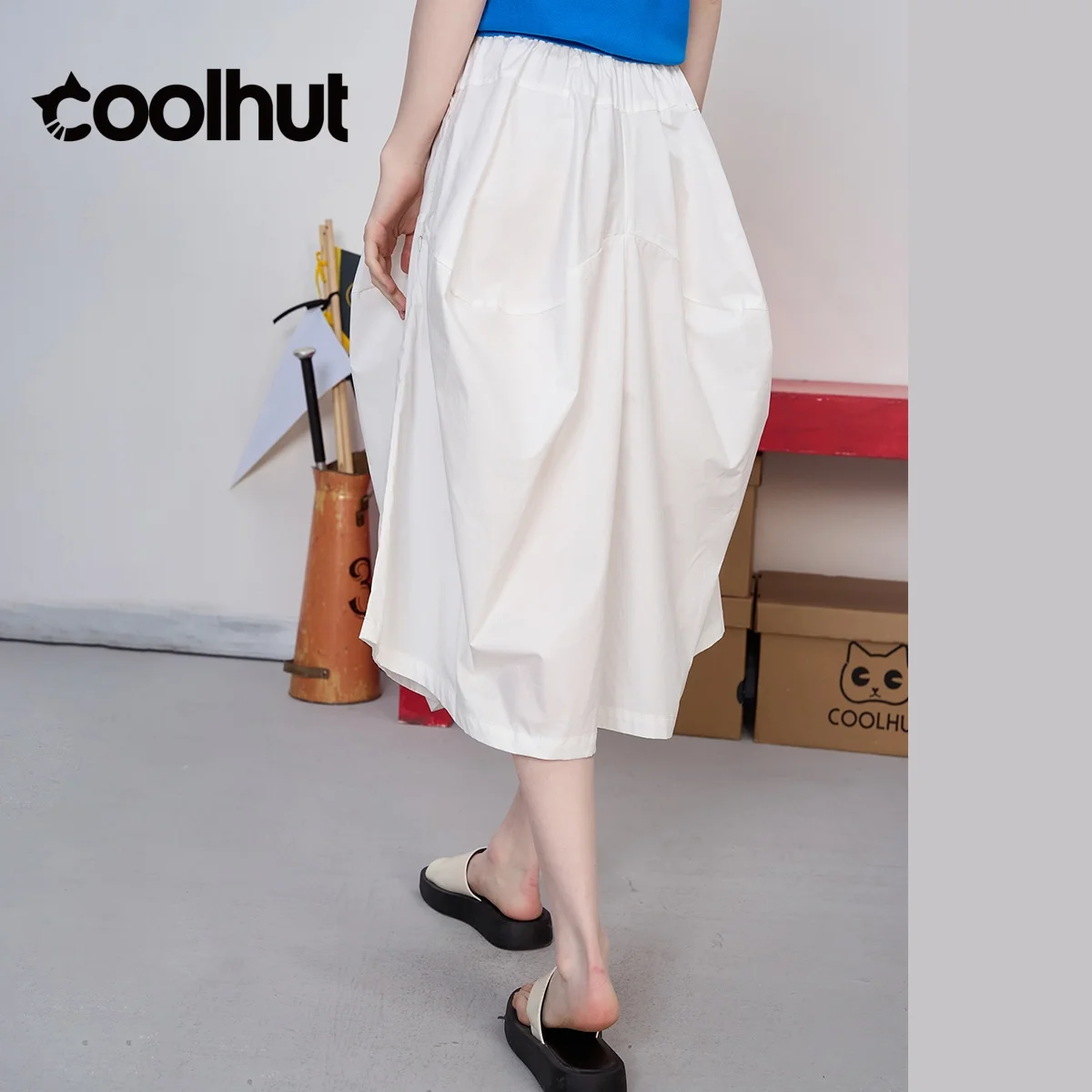 COOLHUT Women's 2025 French Style Solid Color Cocoon Hem Flared Midi Skirt Wide Leg Elastic Waist Summer Casual Cropped Pants