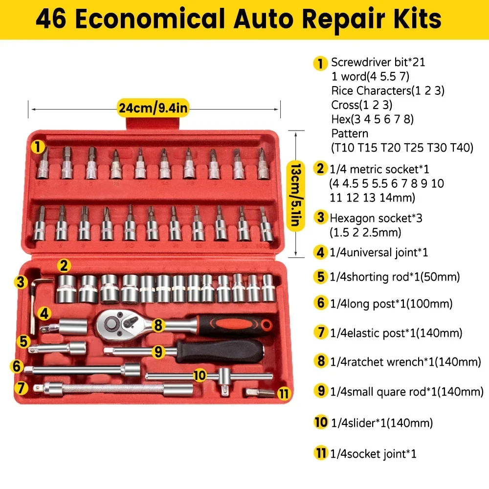 46pcs Car Repair Tool Kits Combination Ratchet Torque Spanner Metalworking 1/4-Inch Socket Wrench Set Auto Mechanic Repair Tools