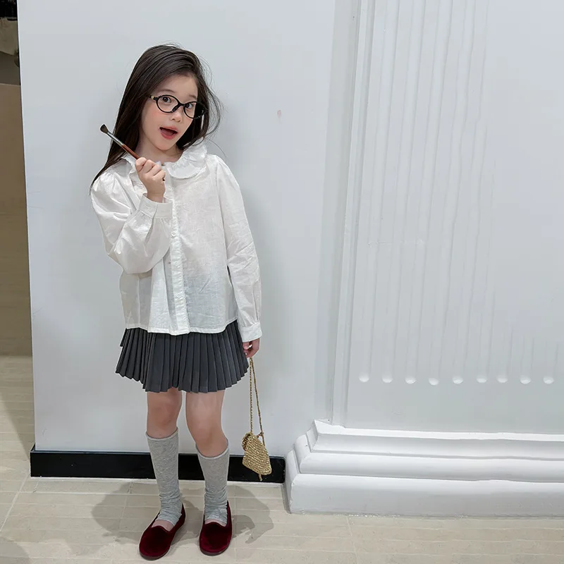 Girl Gentle Lotus Leaf Peter Pan Collar White Shirt French Solid Shirt Lace Lapel Shirt Versatile Girls Top 2026 New