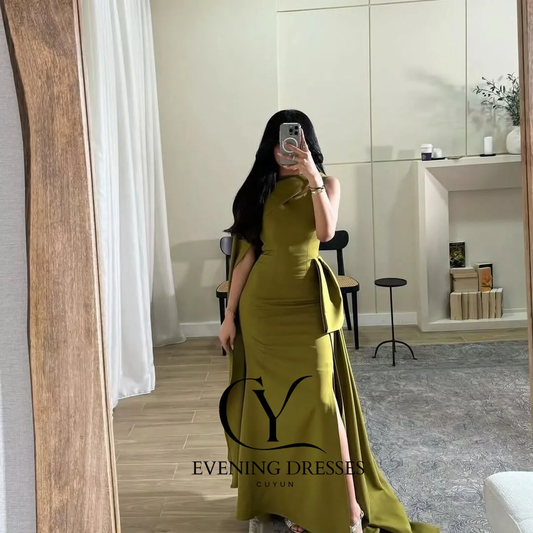 CUYUN Sage Green Saudi Evening Gown Sleeveless Customized Elegant Formal Event Dresses Prom Party Gown for Wedding Banquet