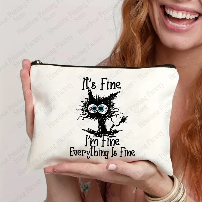 Im Fine Everything Is Fine Pattern Cosmetic Bag Funny Cat Toiletry Bag Portable Travel Storage Bag Perfect Gift for Cat Lovers