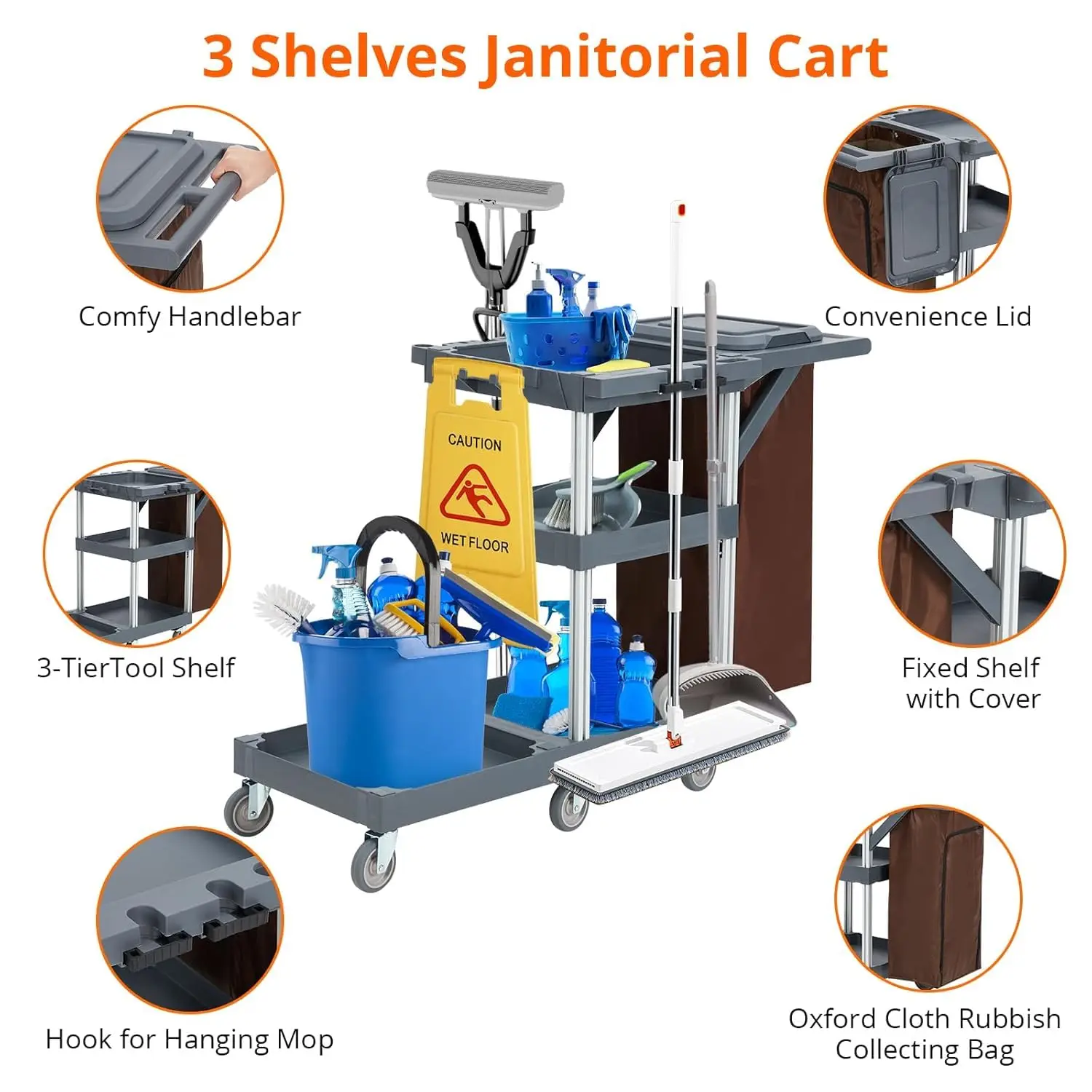 Commercial Housekeeping Cart Janitorial Cart with Cover and Vinyl Bag, Commercial Traditional Janitorial 3-Shelf Cleaning Cart